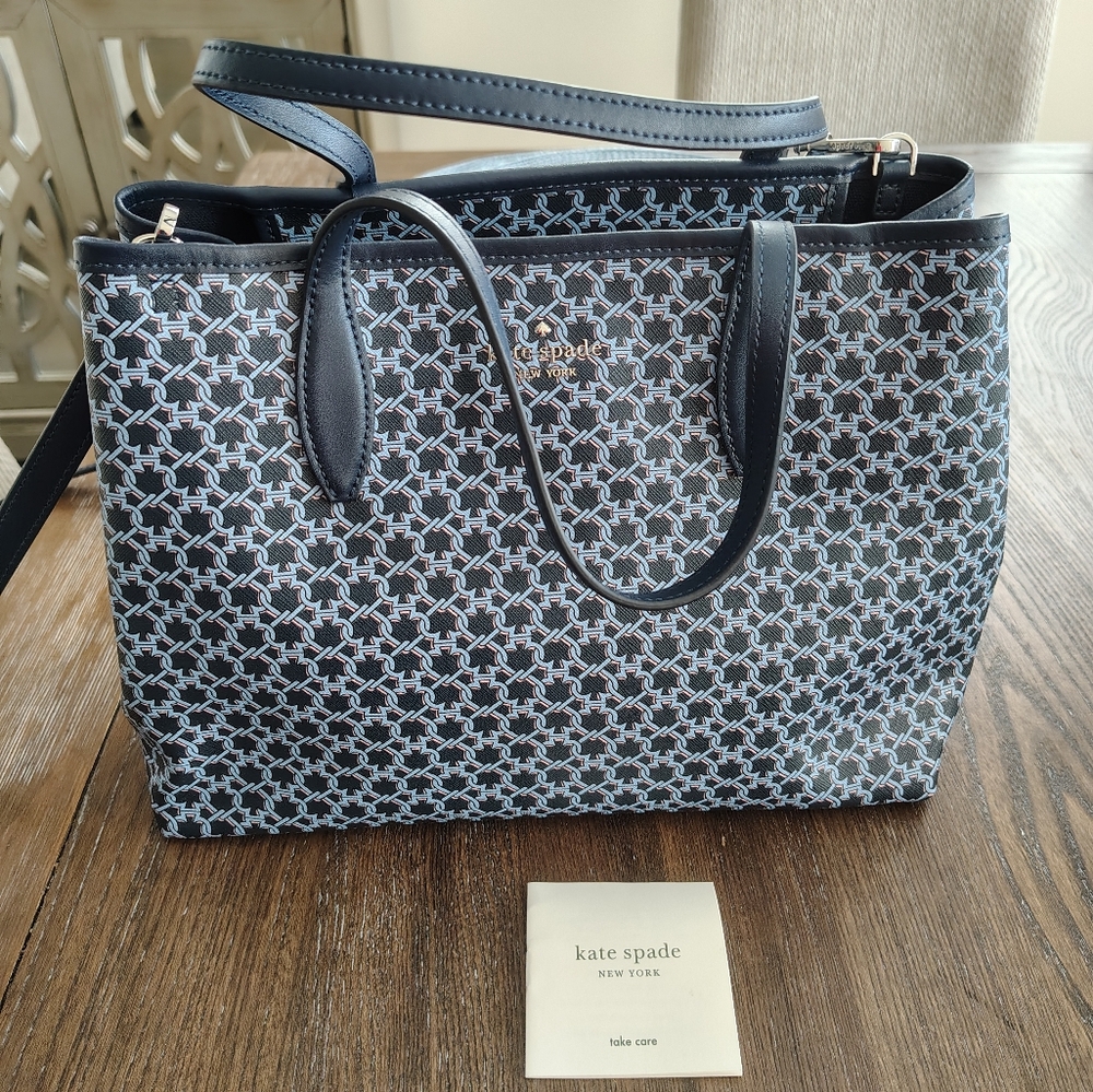 Kate Spade Dark Navy/LightBlue Pattern Bag. Leather Trim. NWOT 13.25 x 9" x 4.75